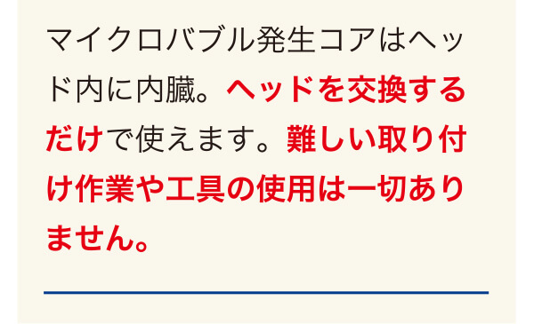 マイクロバブル発生コアはヘッド内に内臓。ヘッドを交換するだけで使えます。難しい取り付け作業や工具の使用は一切ありません。